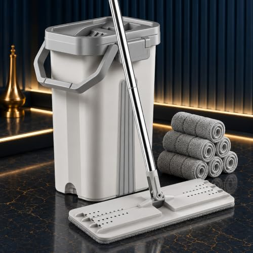 HICAREL® Mopa Fregona con Cubo Escurridor, Mopa Plana Manos Libres y Cubo Separador 7,5L, Limpieza de Suelos, Azulejos y Paredes, Escurrido Fácil, Mango 360º con 6 Paños de Microfibra Reutilizables
