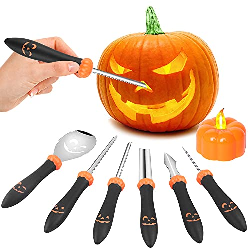 Set de Calabaza Tallado de Halloween,6 Piezas Pumpkin Carving Kit para Halloween Decoración Inoxidable Calabaza lámpara Talla Herramienta DIY Calabazas Decoración para niños Calabazas fáciles tallar