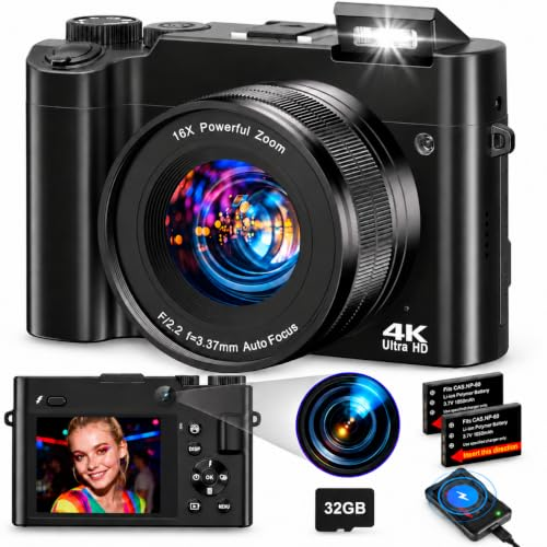 FlyFrost Cámara Digital 4K 64 MP, Cámara Compacta con Autofoco y Zoom 16x | doble cámara, zoom digital 16x, tarjeta de memoria 32 GB, 2 baterías y cargador, para principiantes y adolescentes